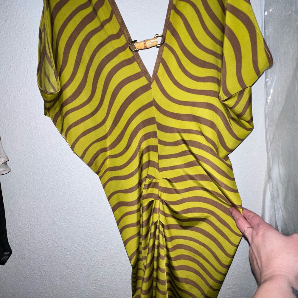 Striped V-Neck Dress in Yellow and Brown - Picture 6 of 12